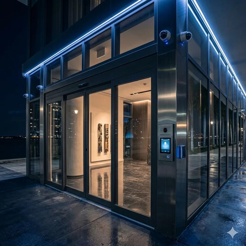 Entrada corporativa com controle de acesso e câmeras, à noite