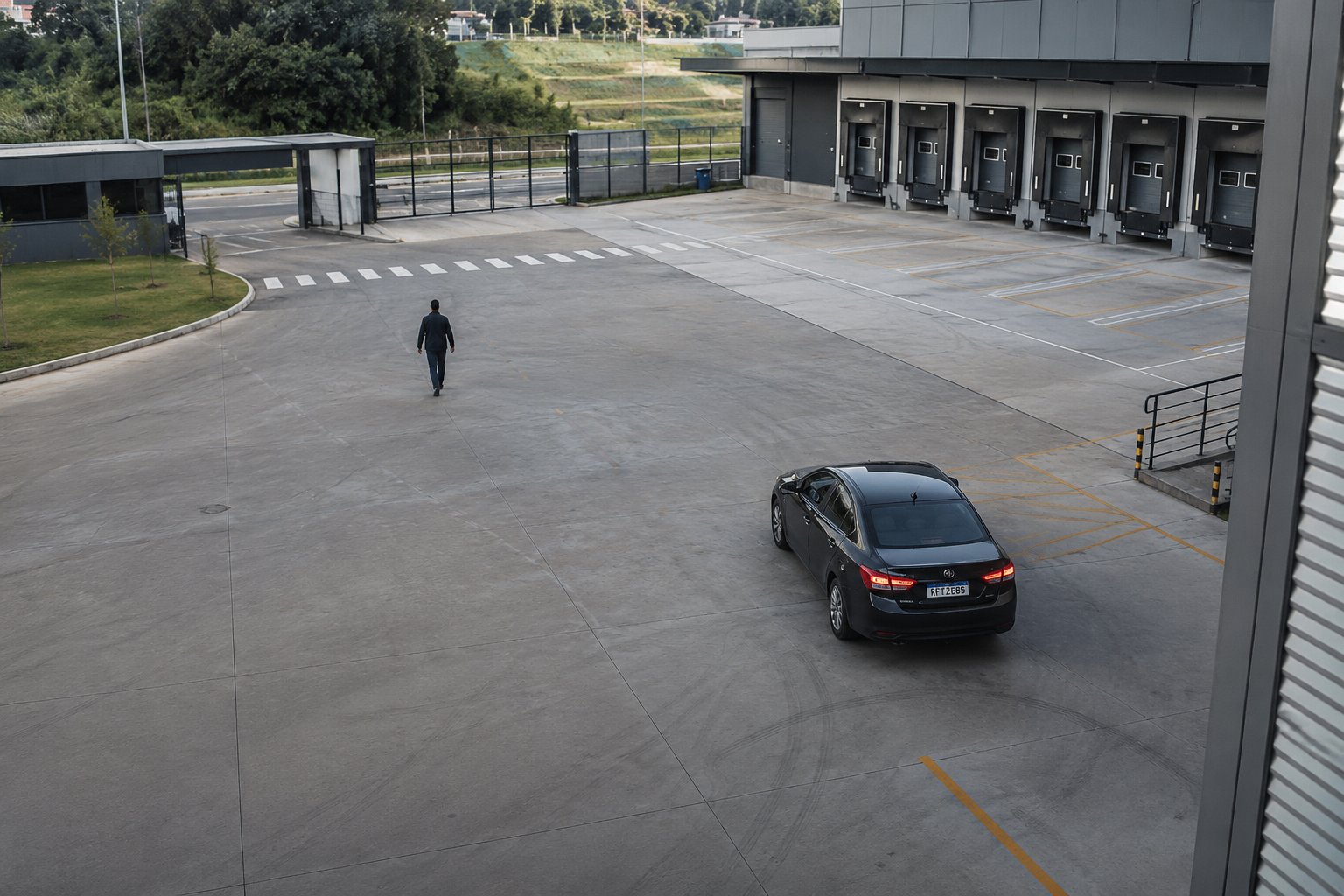 Pátio de docas com pessoa a pé e veículo estacionado